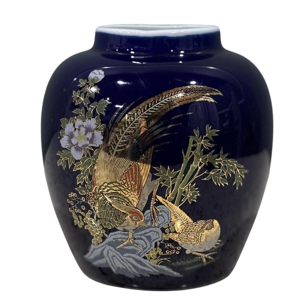 Vintage Kutani Cobalt Blue Vase Golden Pheasant & Lotus W/Gold Trim White Rim